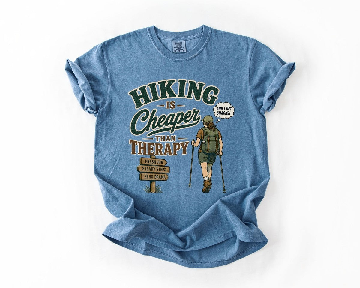 Hiking Is Cheaper Than Therapy T-Shirt - Blue Jean