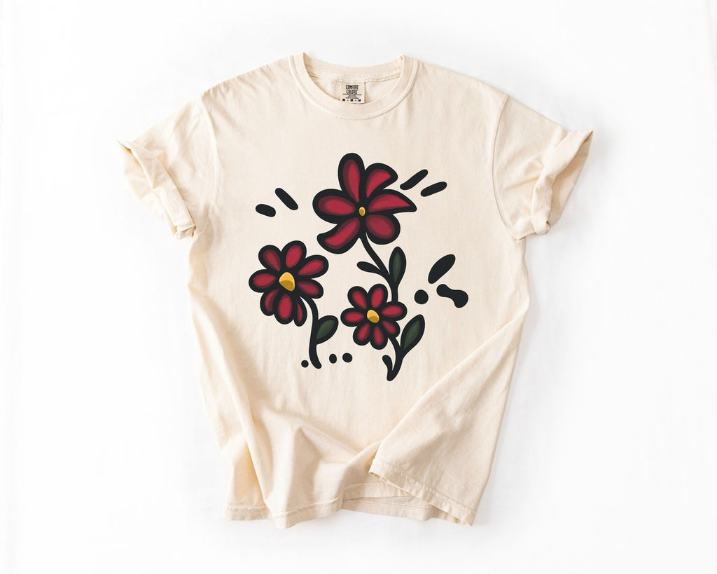 Red Wildflowers Doodle Tee - Ivory