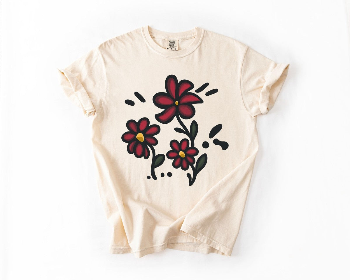 Red Wildflowers Doodle Tee - Ivory