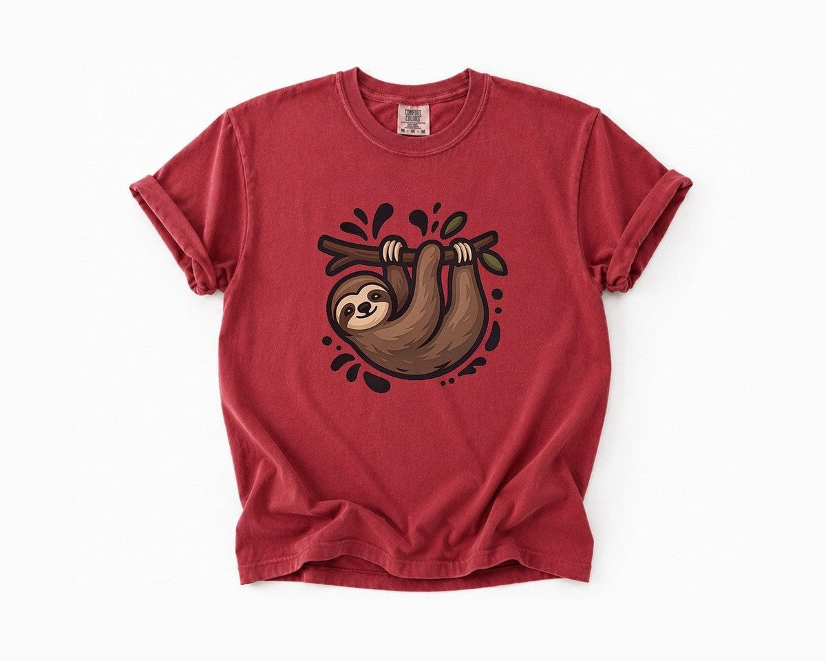 Sloth Hanging Cute Graphic T-Shirt - Brick