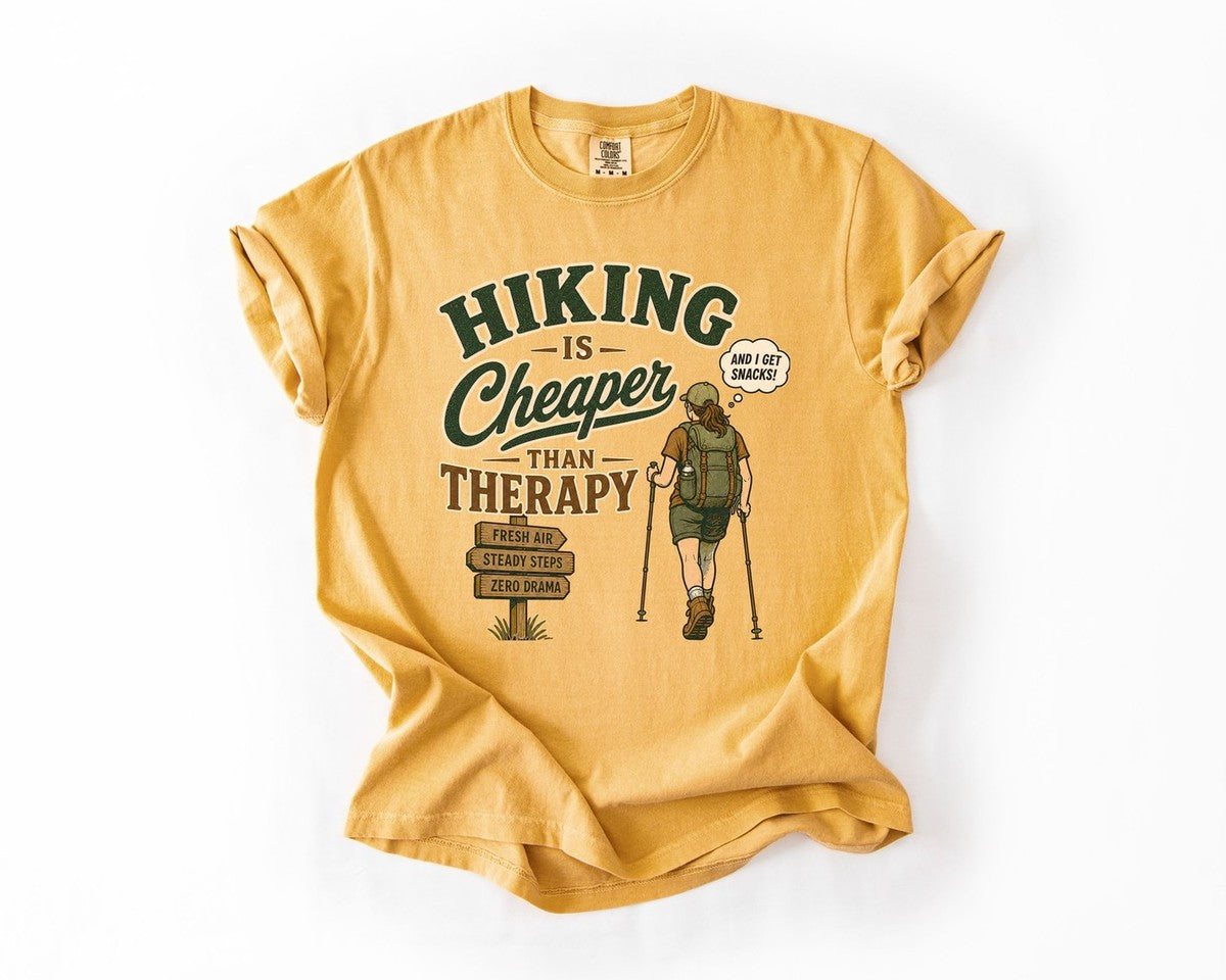 Hiking Is Cheaper Than Therapy T-Shirt - Mustard