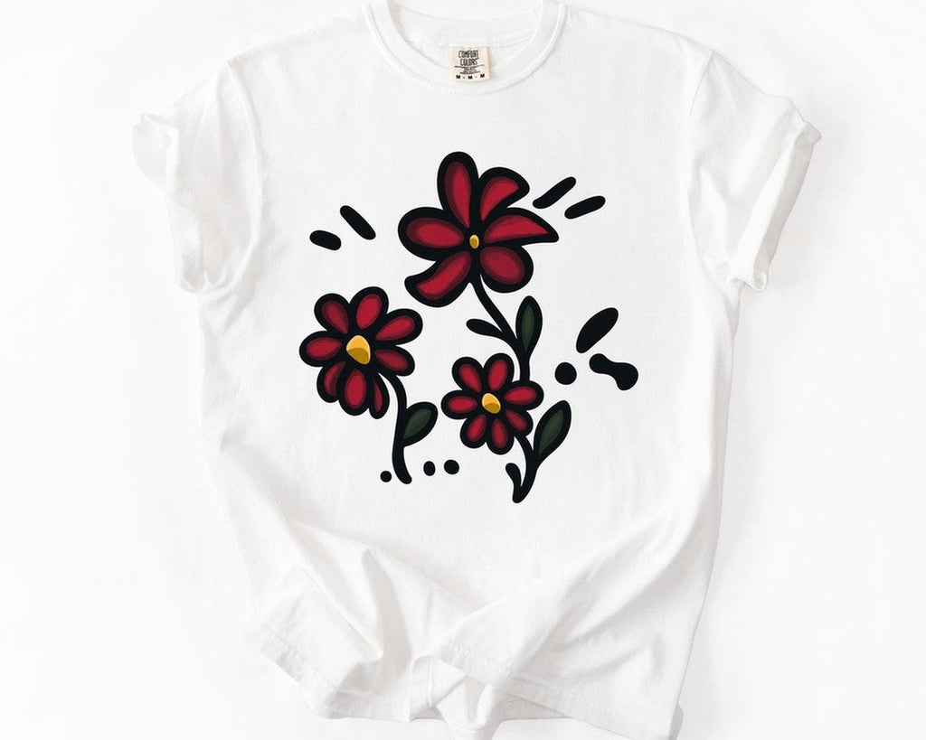 Red Wildflowers Doodle Tee - White