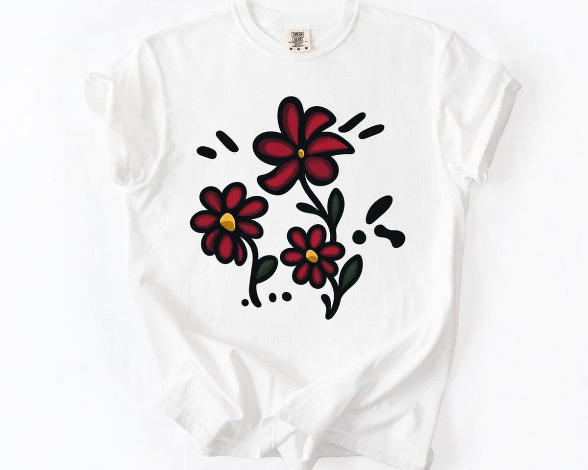 Red Wildflowers Doodle Tee - White