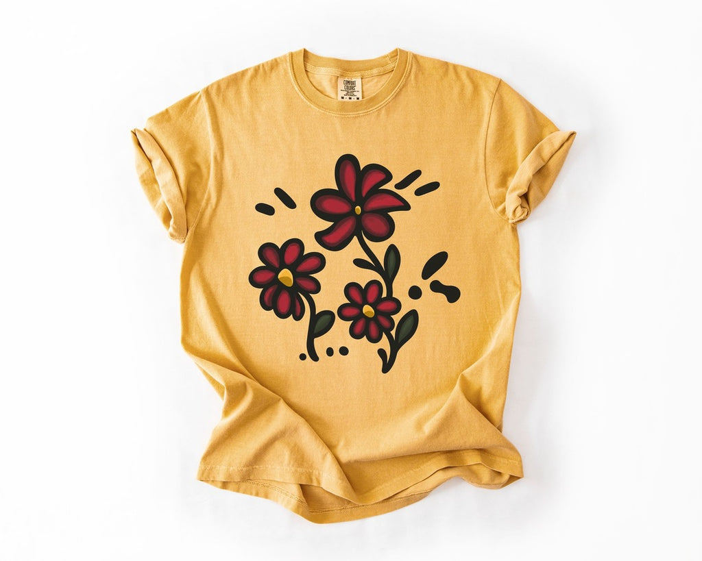 Red Wildflowers Doodle Tee - Mustard