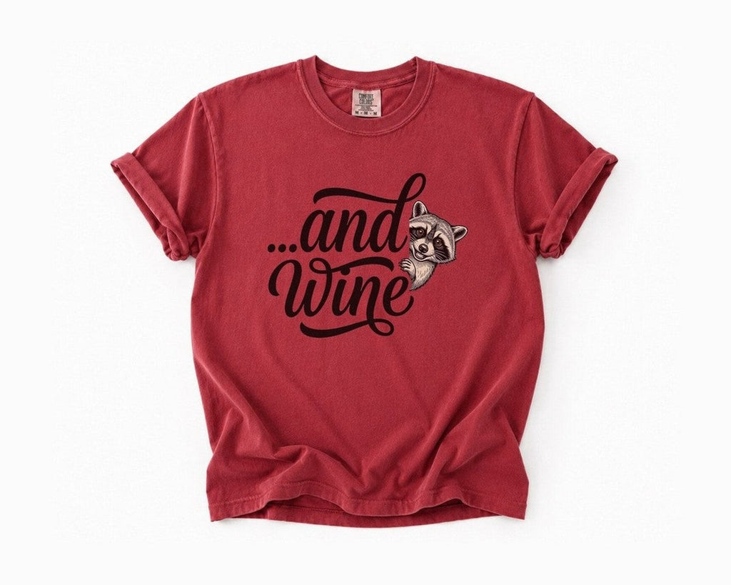 "...and Wine" Raccoon T-Shirt - Brick
