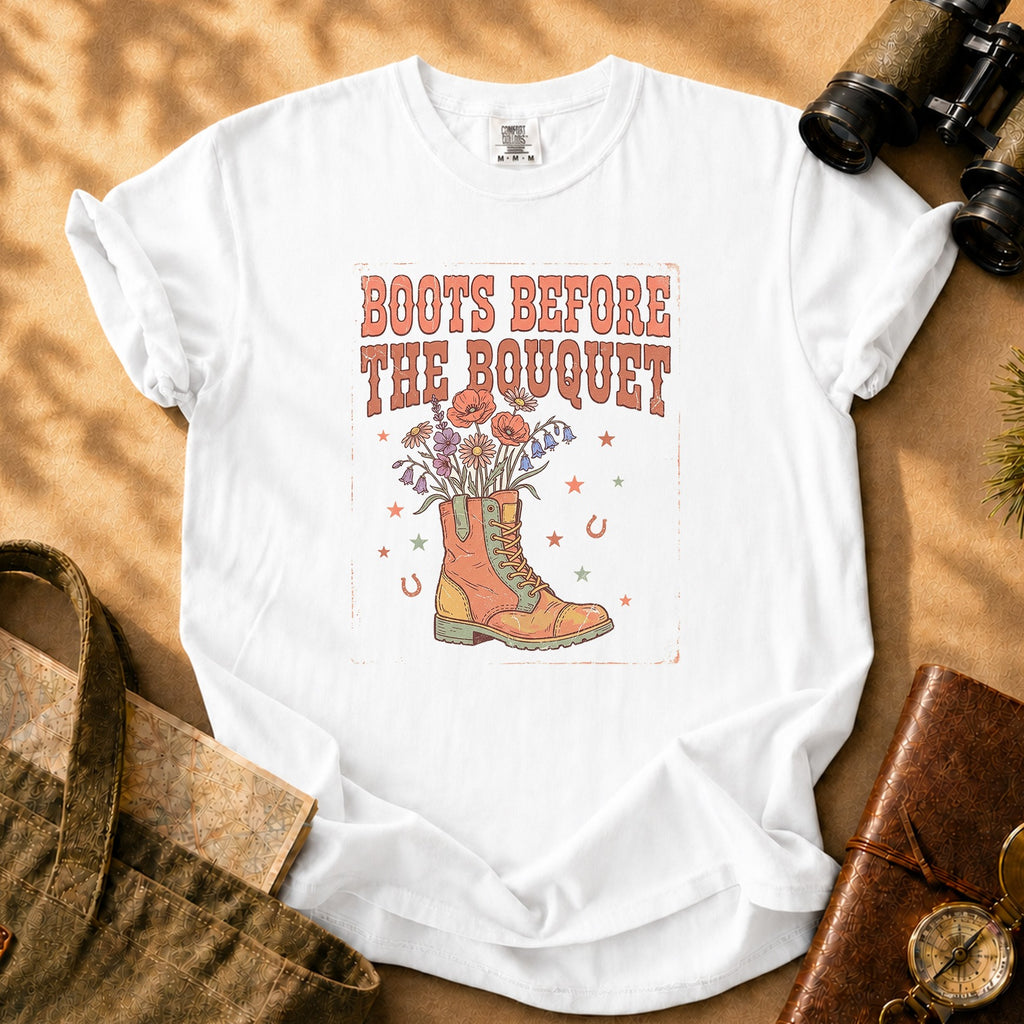 Boots Before the Bouquet Tee - White
