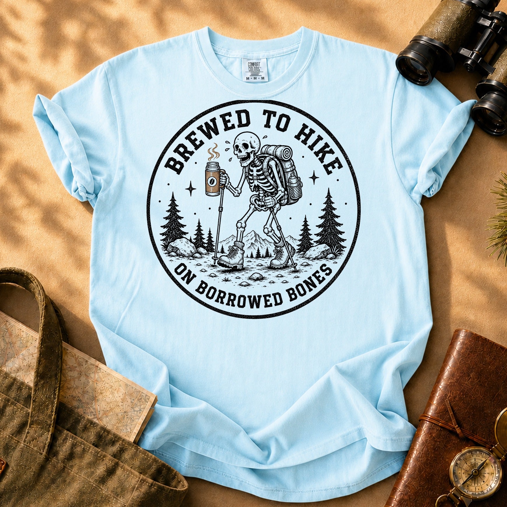 Brewed to Hike on Borrowed Bones Tee - Chambray