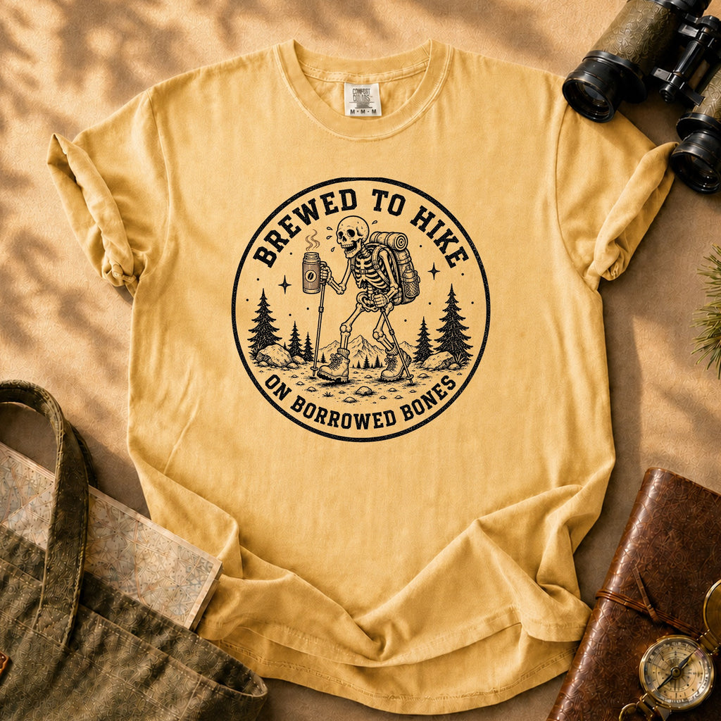 Brewed to Hike on Borrowed Bones Tee - Mustard