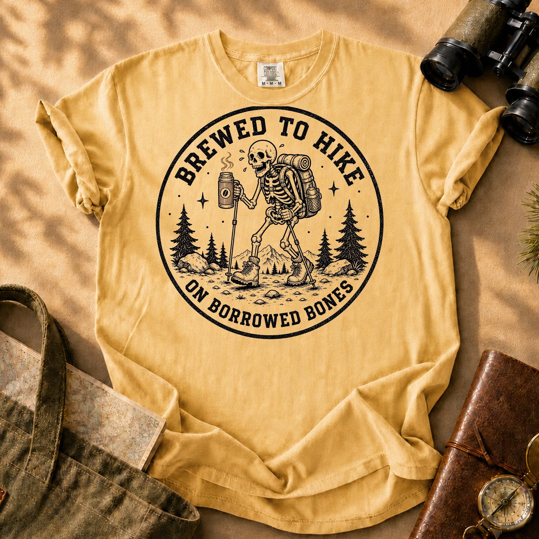 Brewed to Hike on Borrowed Bones Tee - Mustard