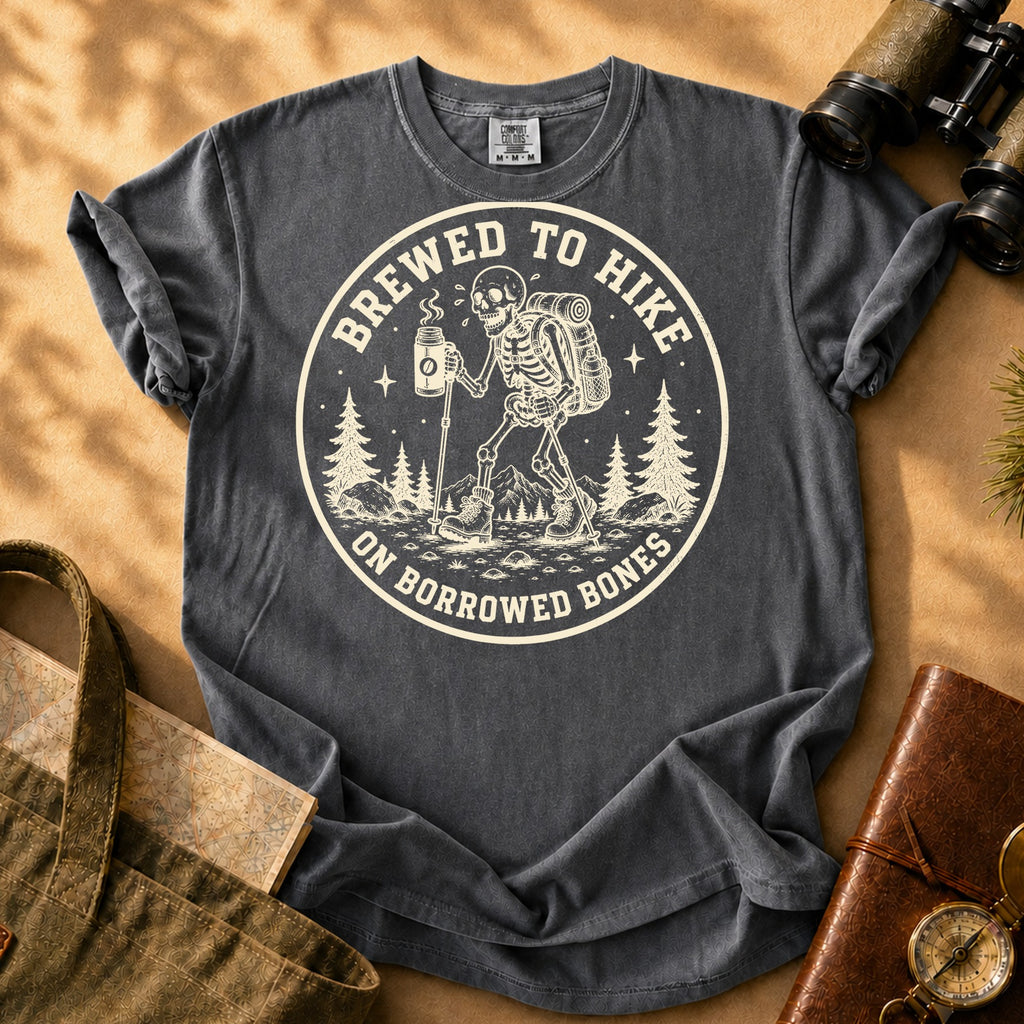 Brewed to Hike on Borrowed Bones Tee - Pepper