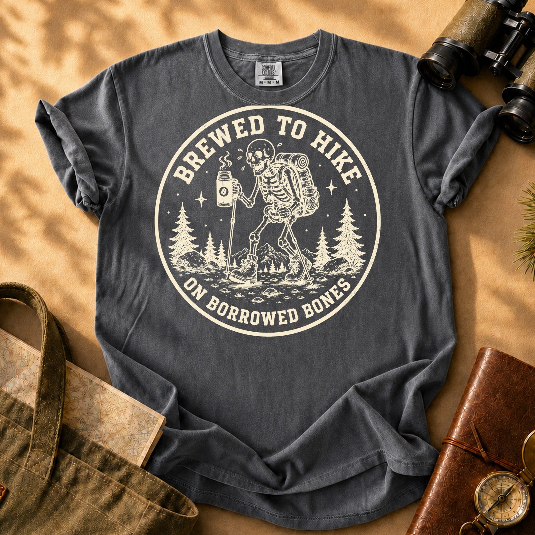 Brewed to Hike on Borrowed Bones Tee - Pepper