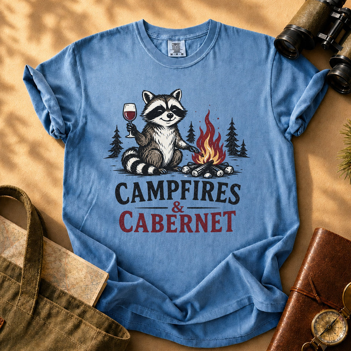 Campfires & Cabernet Raccoon Tee - Blue Jean