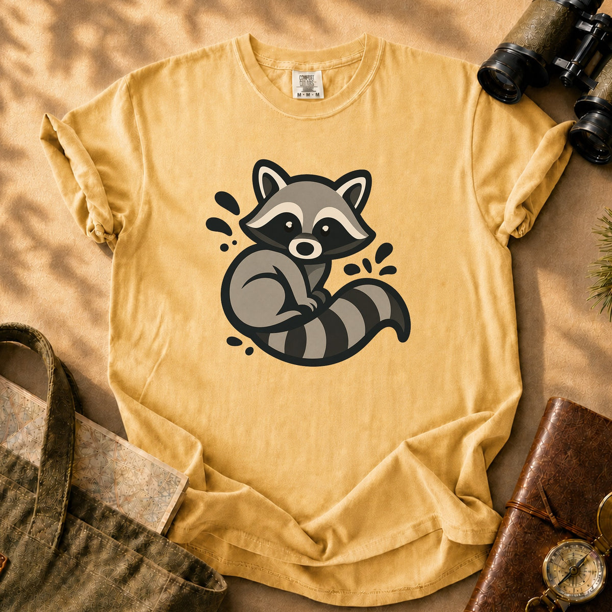 Cute Raccoon Graphic Tee - Mustard