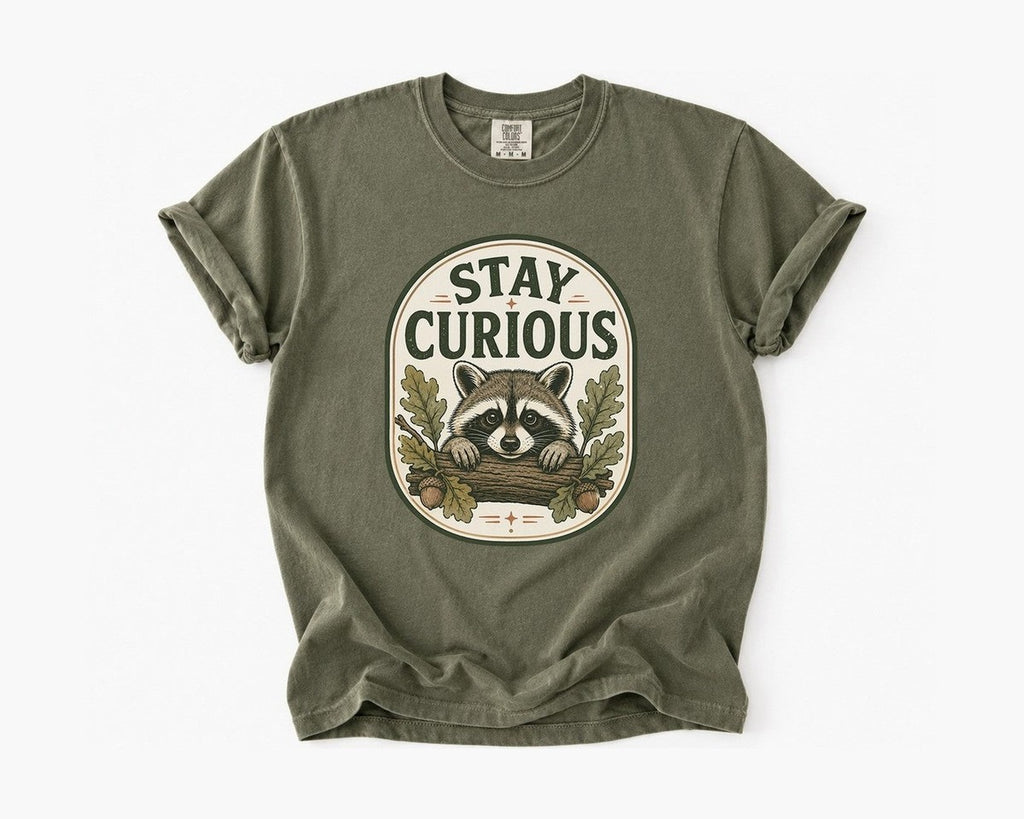 Stay Curious Raccoon T-Shirt - Sage