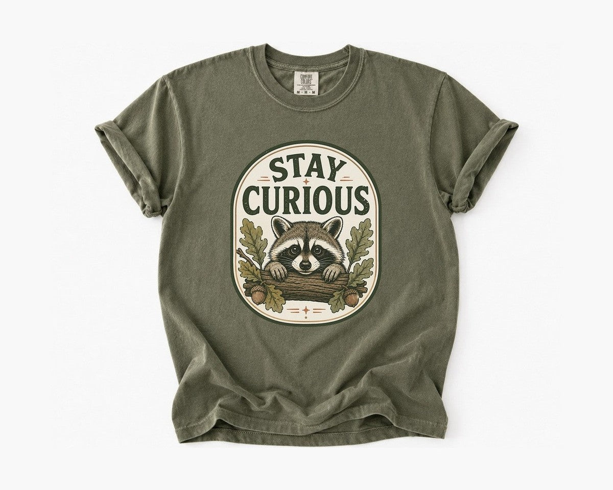 Stay Curious Raccoon T-Shirt - Sage