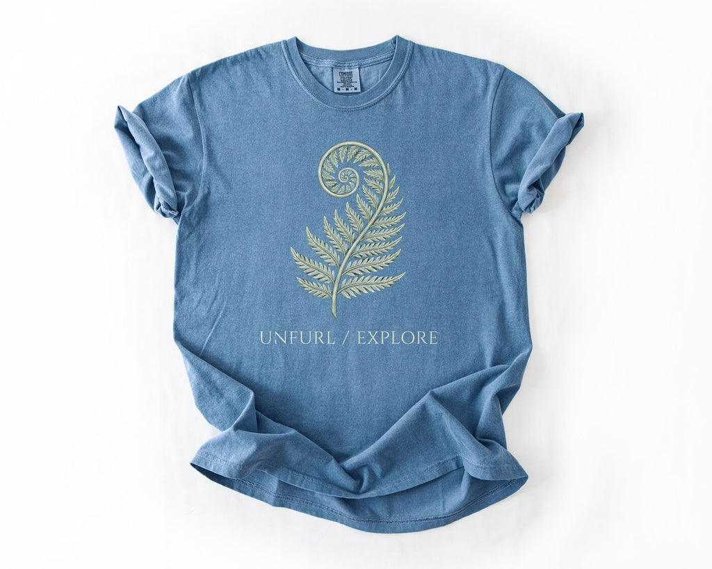 Fern Fiddlehead Unfurl Explore T-Shirt - Blue Jean