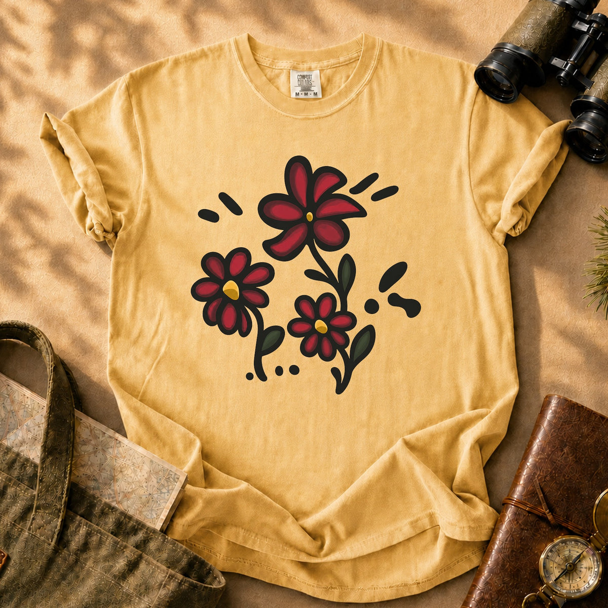 Red Wildflowers Doodle Tee - Mustard