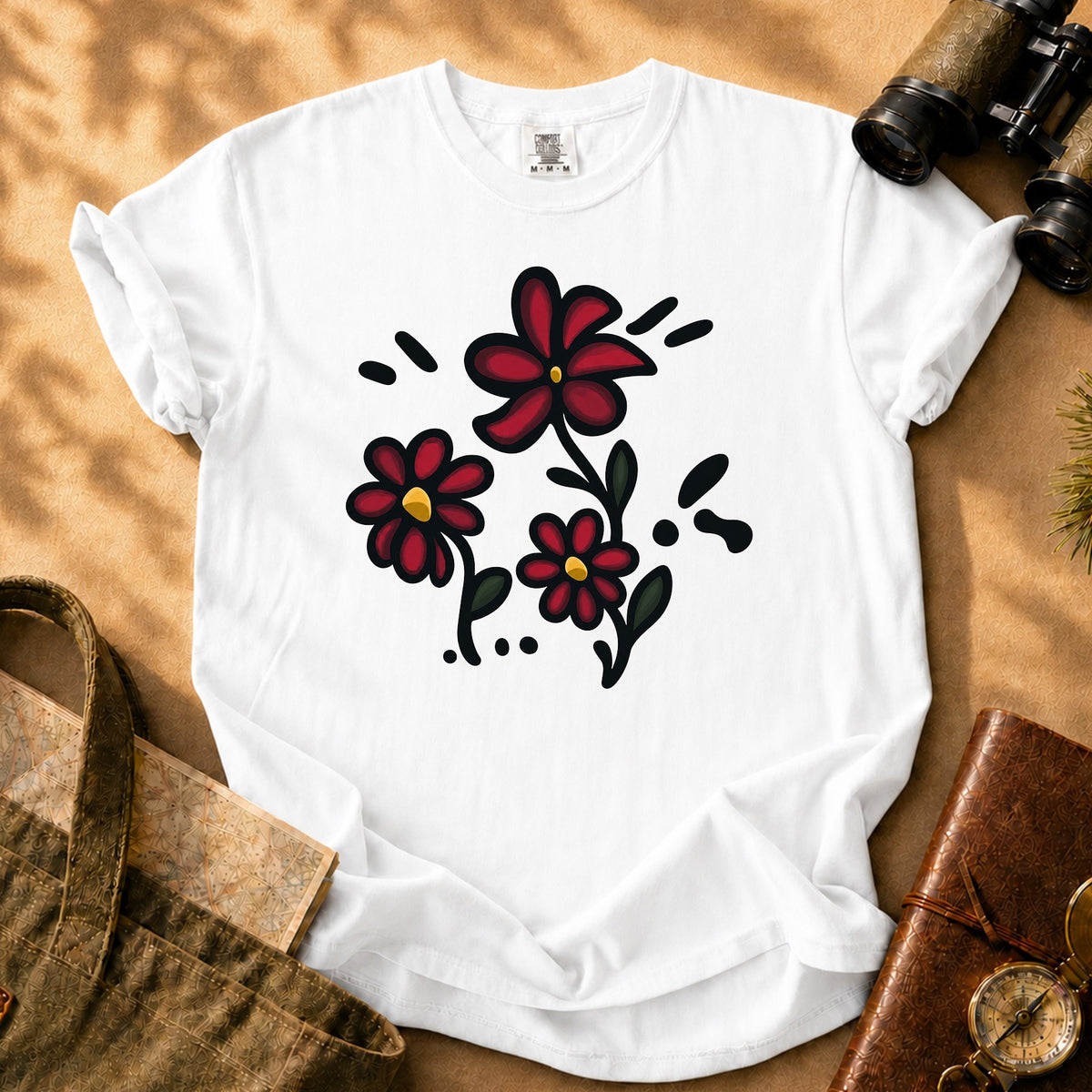 Red Wildflowers Doodle Tee - White