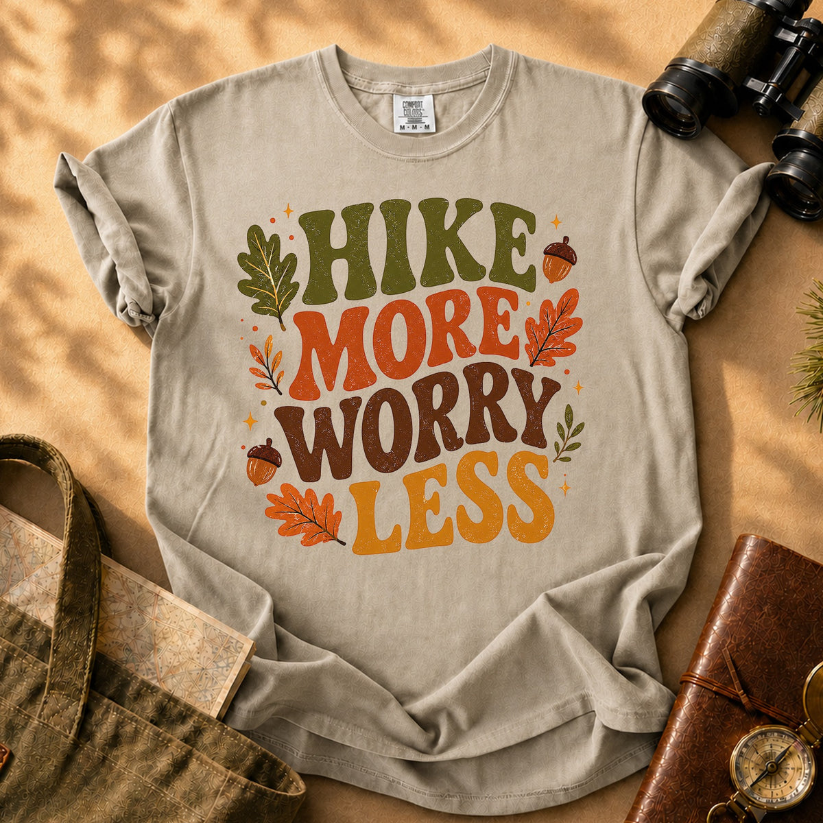 Hike More Worry Less (Fall Leaf) Tee - Khaki