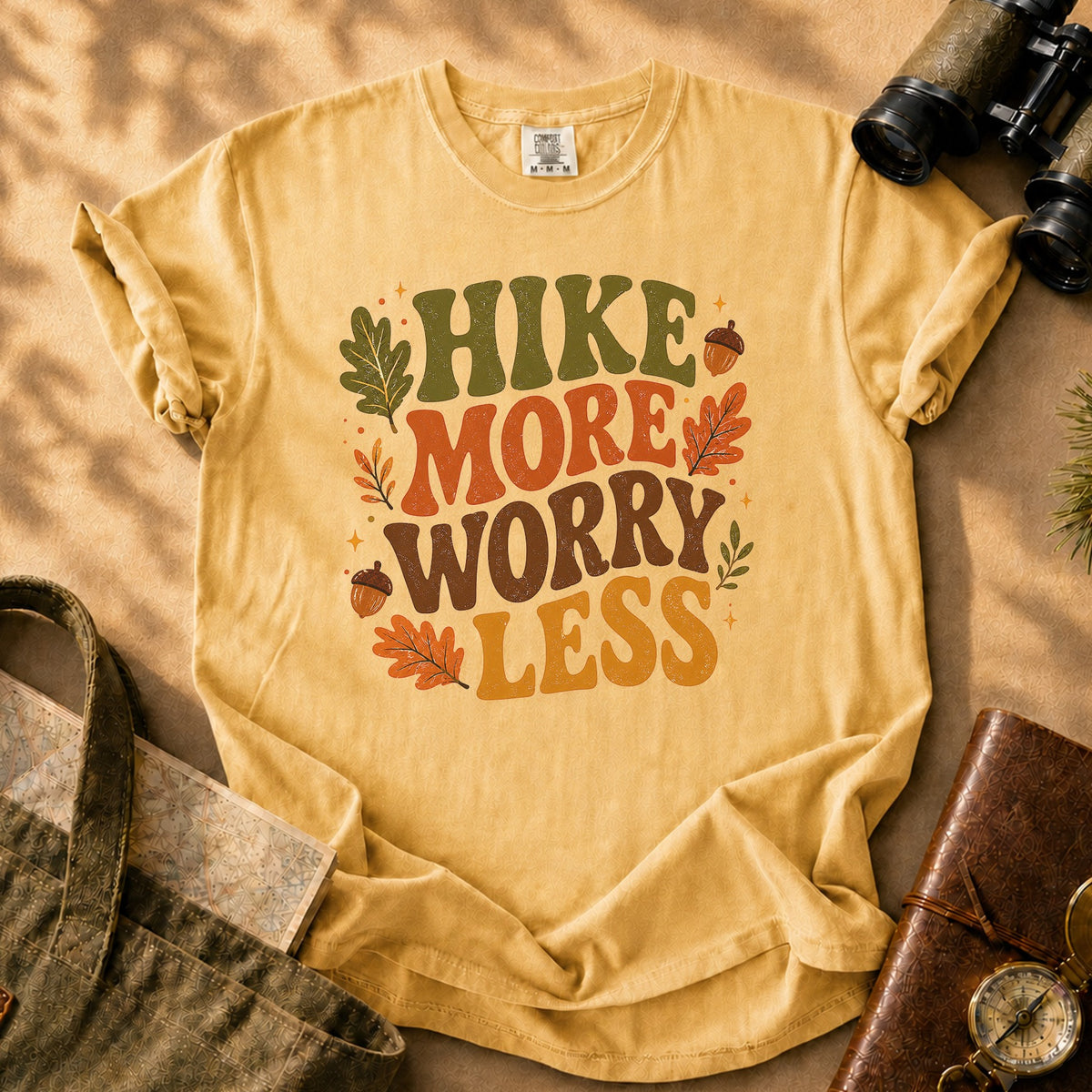 Hike More Worry Less (Fall Leaf) Tee - Mustard