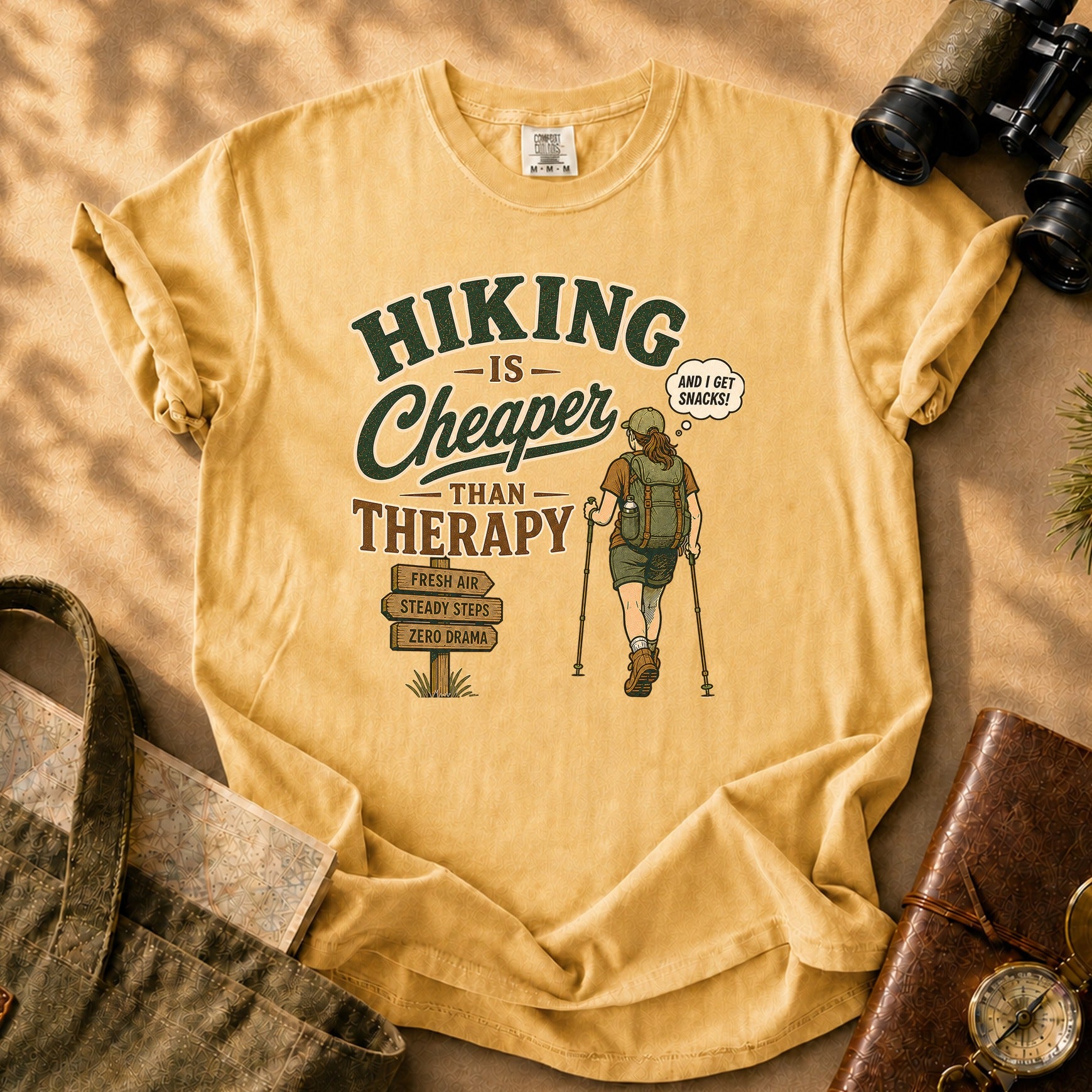 Hiking Is Cheaper Than Therapy Tee - Mustard
