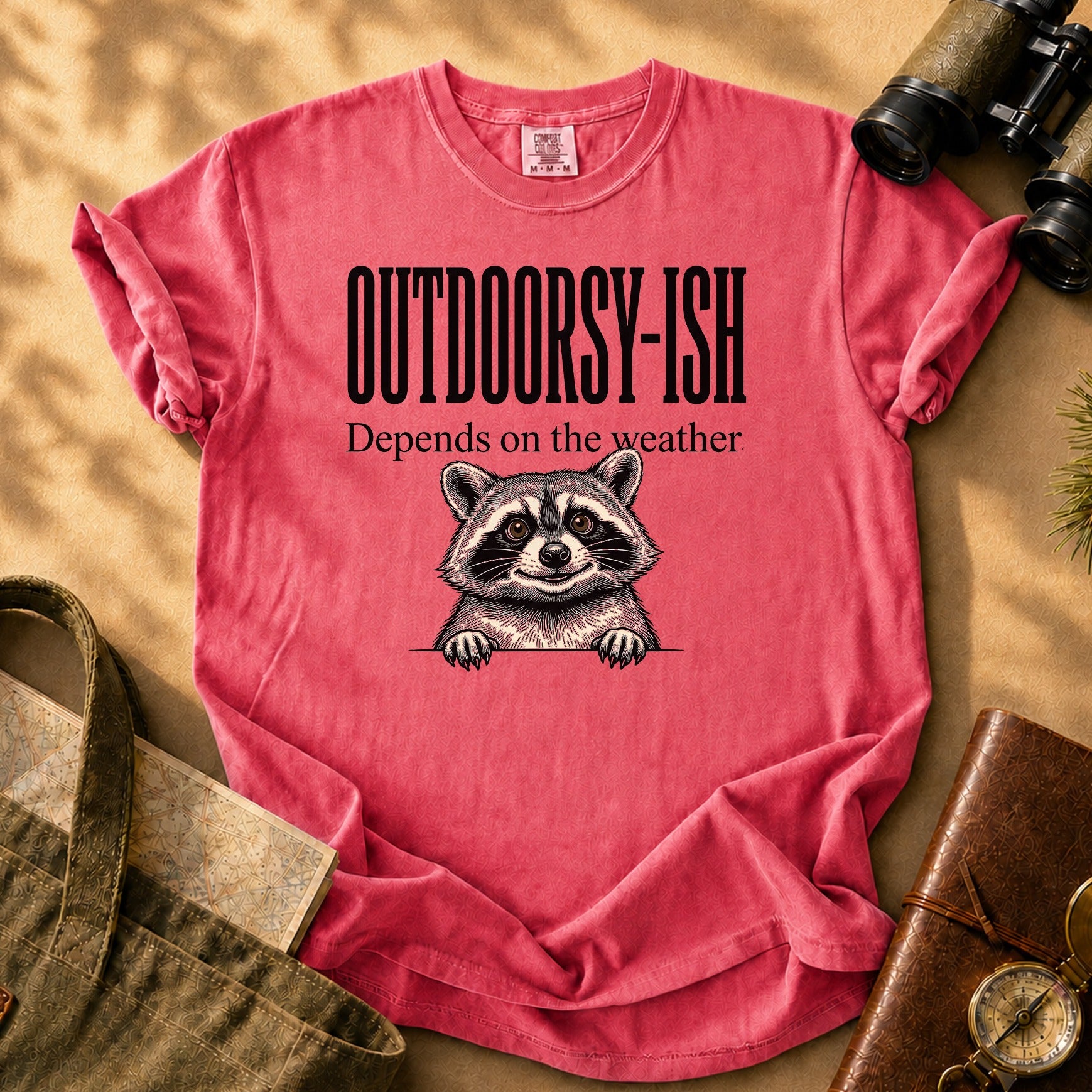 Outdoorsy-ish Raccoon Tee - Watermelon