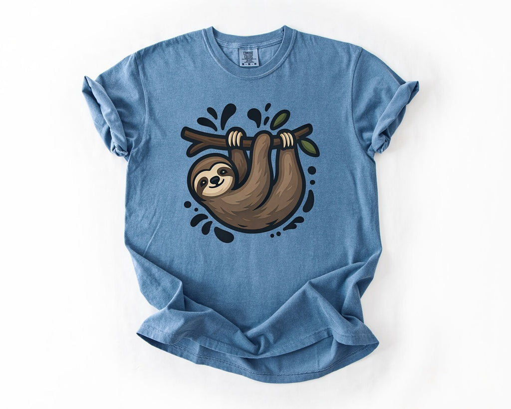 Sloth Hanging Cute Graphic T-Shirt - Blue Jean
