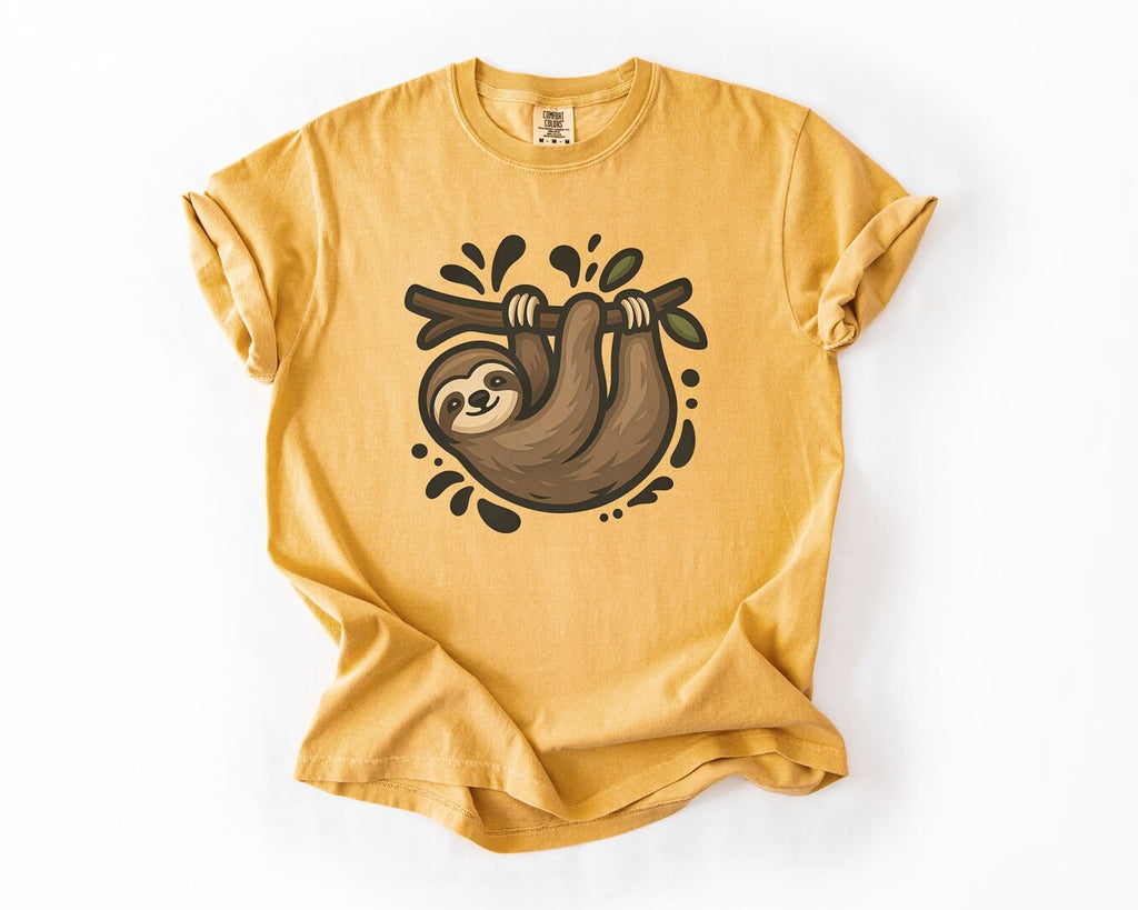 Sloth Hanging Cute Graphic T-Shirt - Mustard
