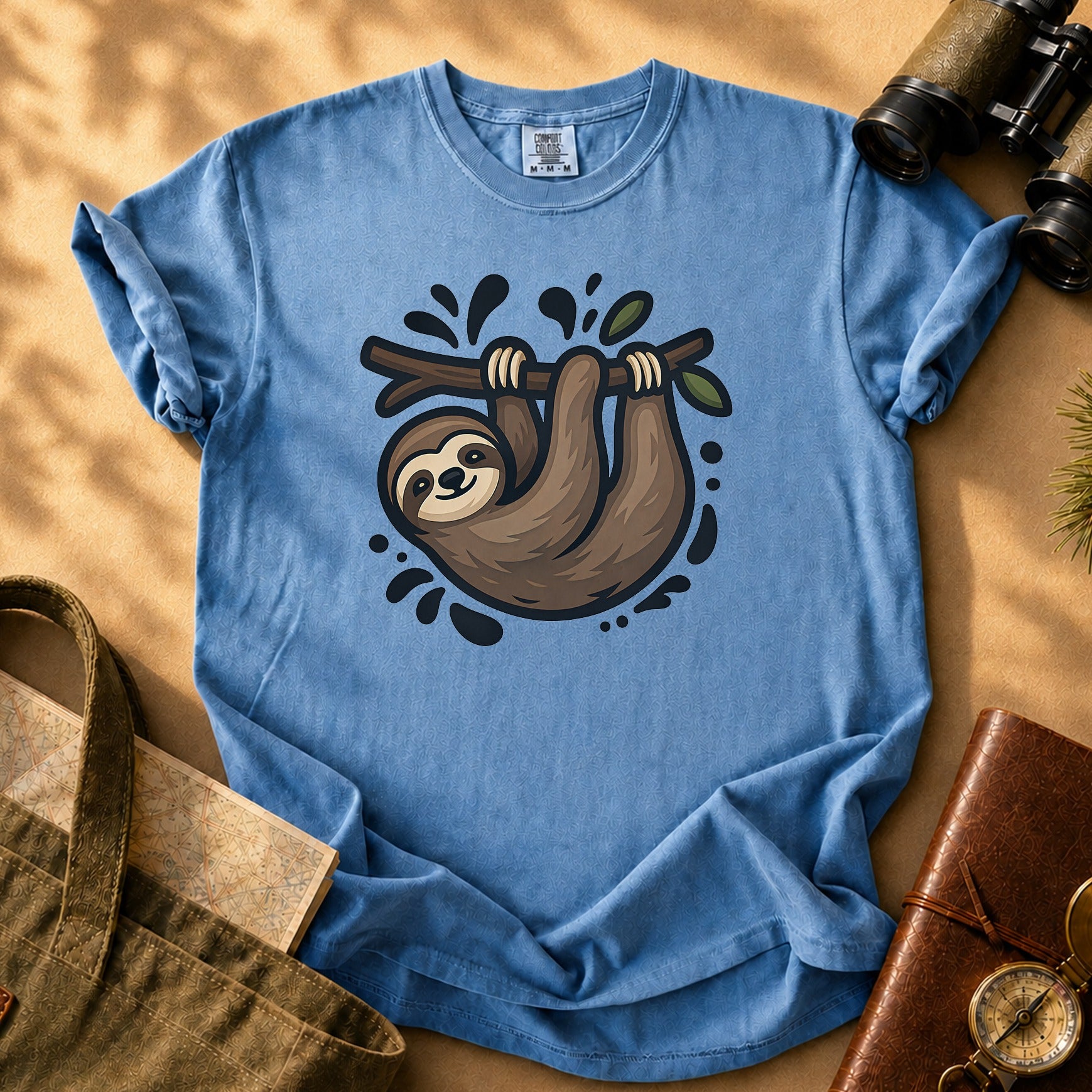 Sloth Hanging Cute Graphic Tee - Blue Jean