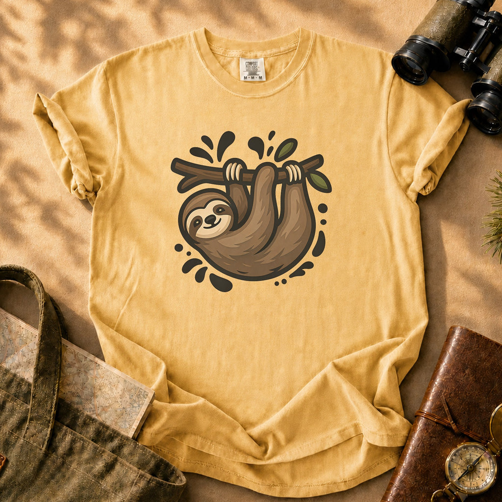 Sloth Hanging Cute Graphic Tee - Mustard