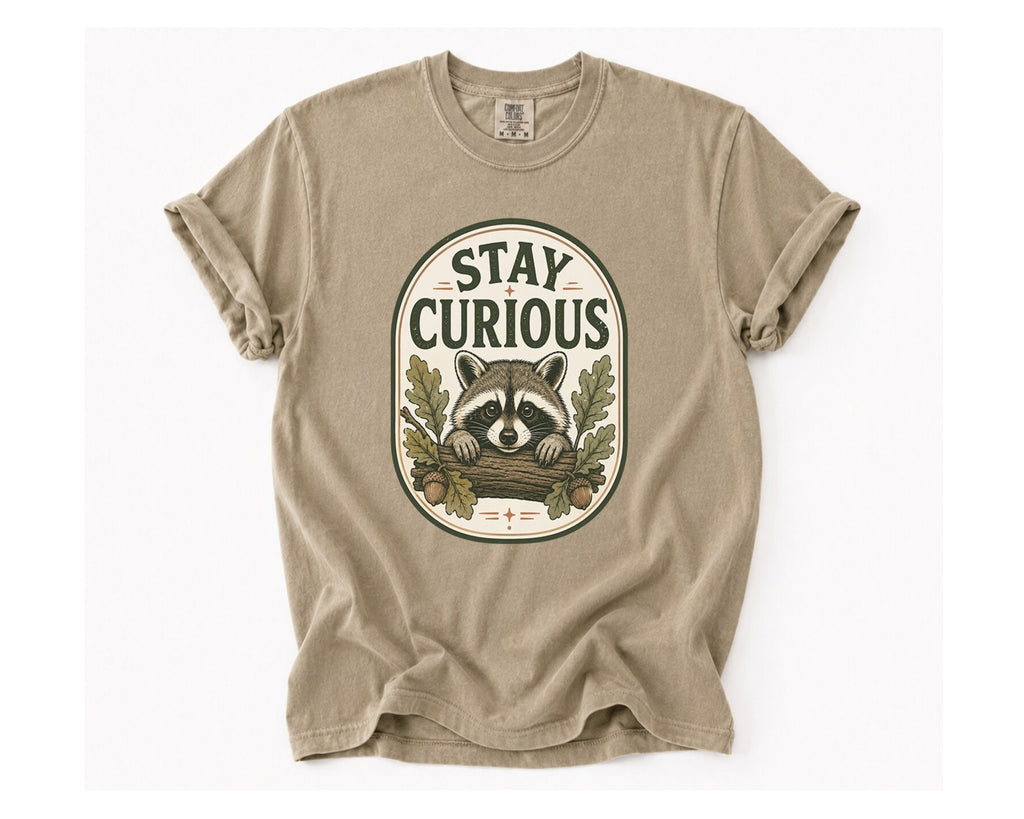 Stay Curious Raccoon T-Shirt - Khaki