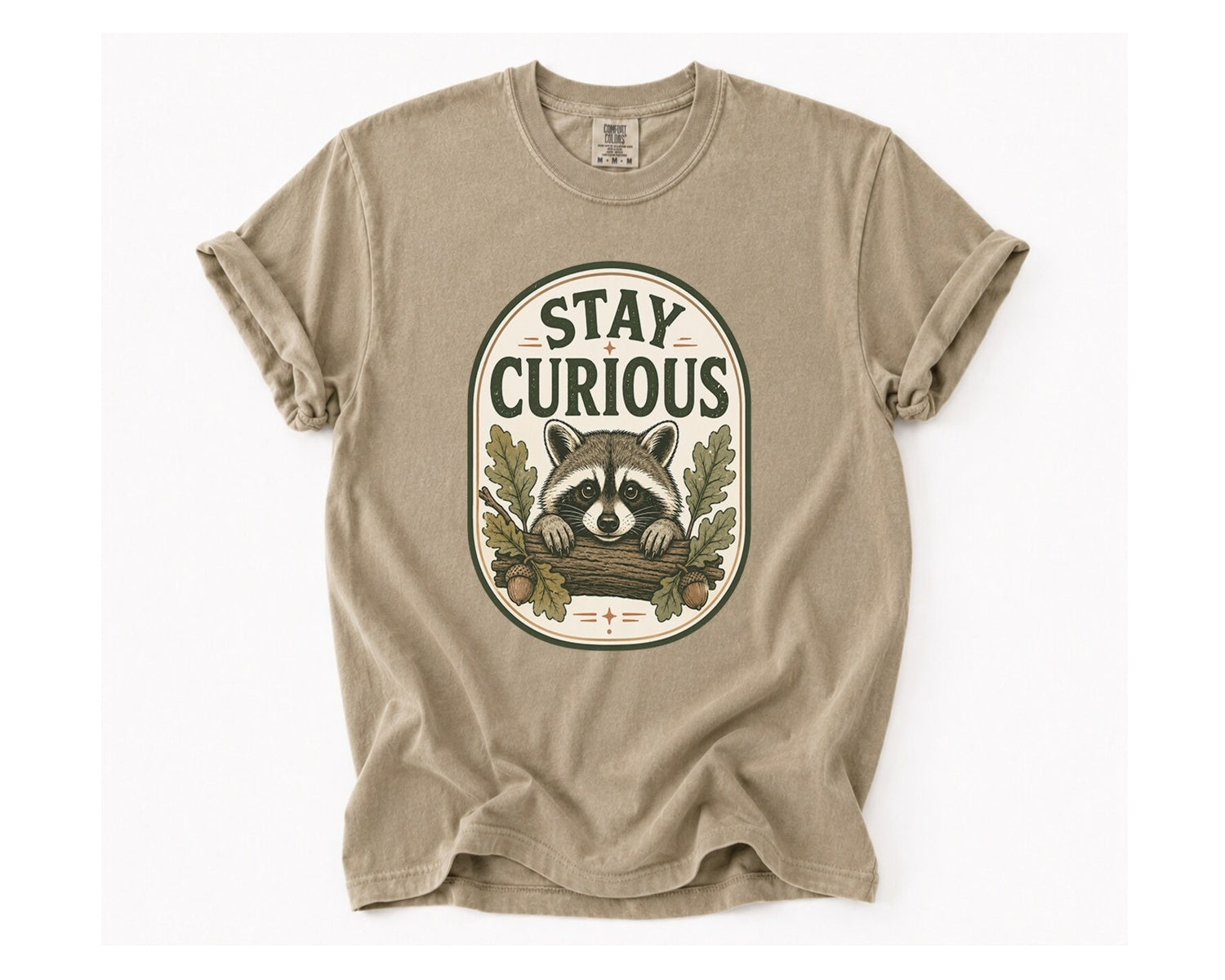 Stay Curious Raccoon T-Shirt - Khaki
