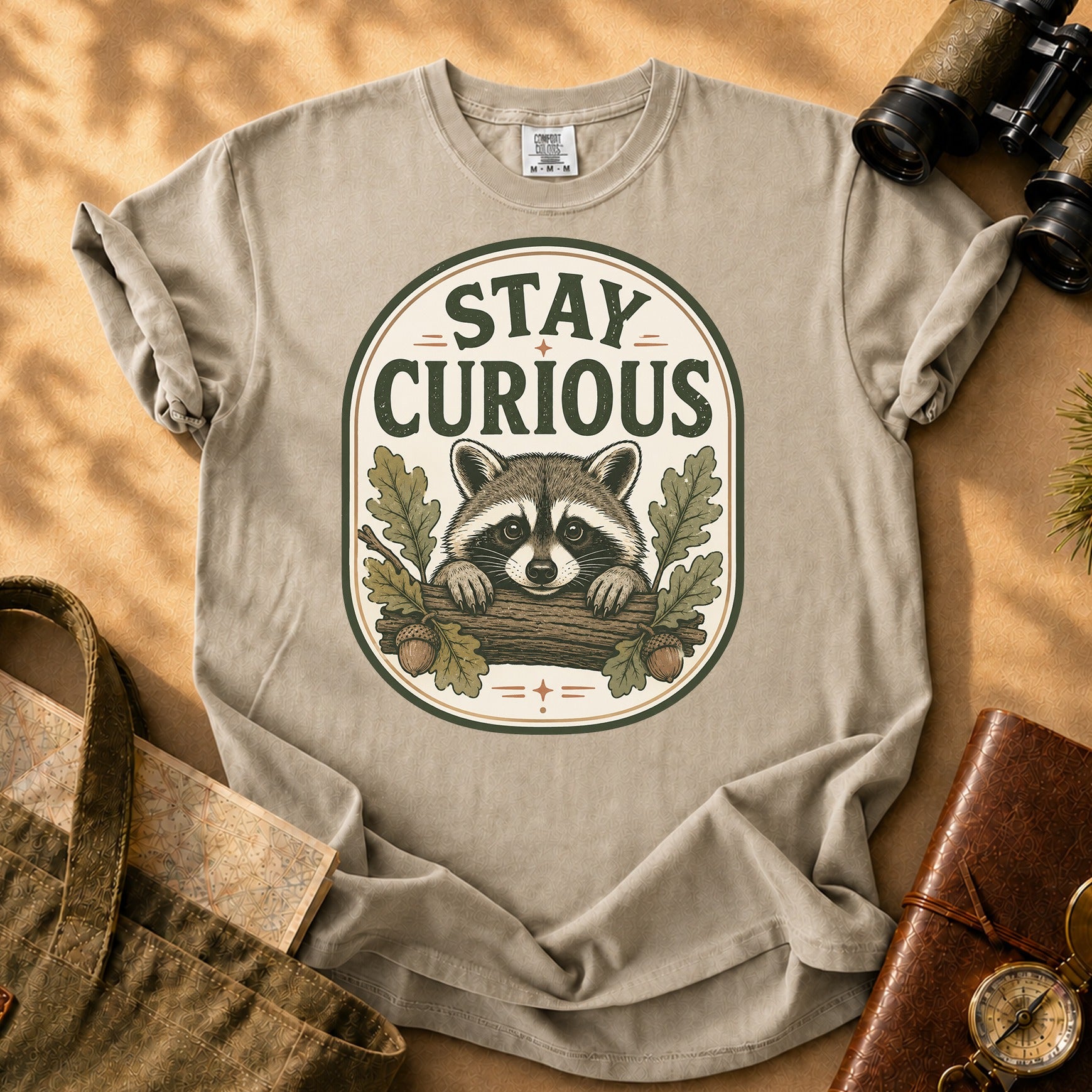 Stay Curious Raccoon Tee - Khaki