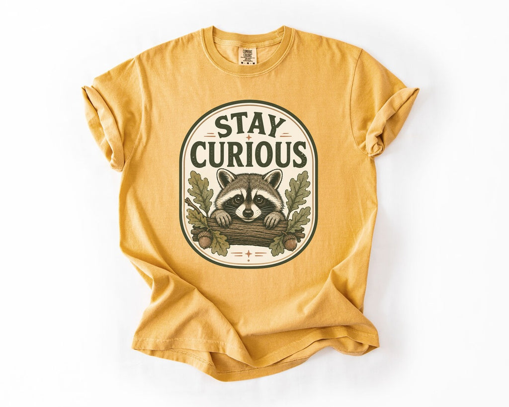 Stay Curious Raccoon T-Shirt - Mustard