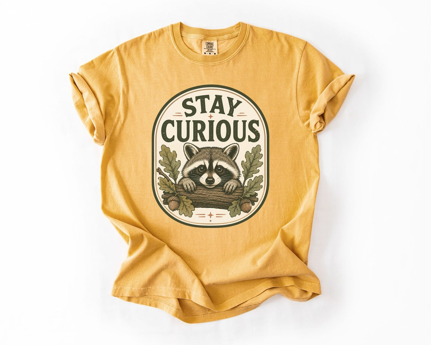 Stay Curious Raccoon T-Shirt - Mustard