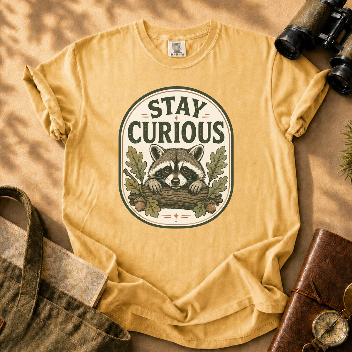 Stay Curious Raccoon Tee - Mustard