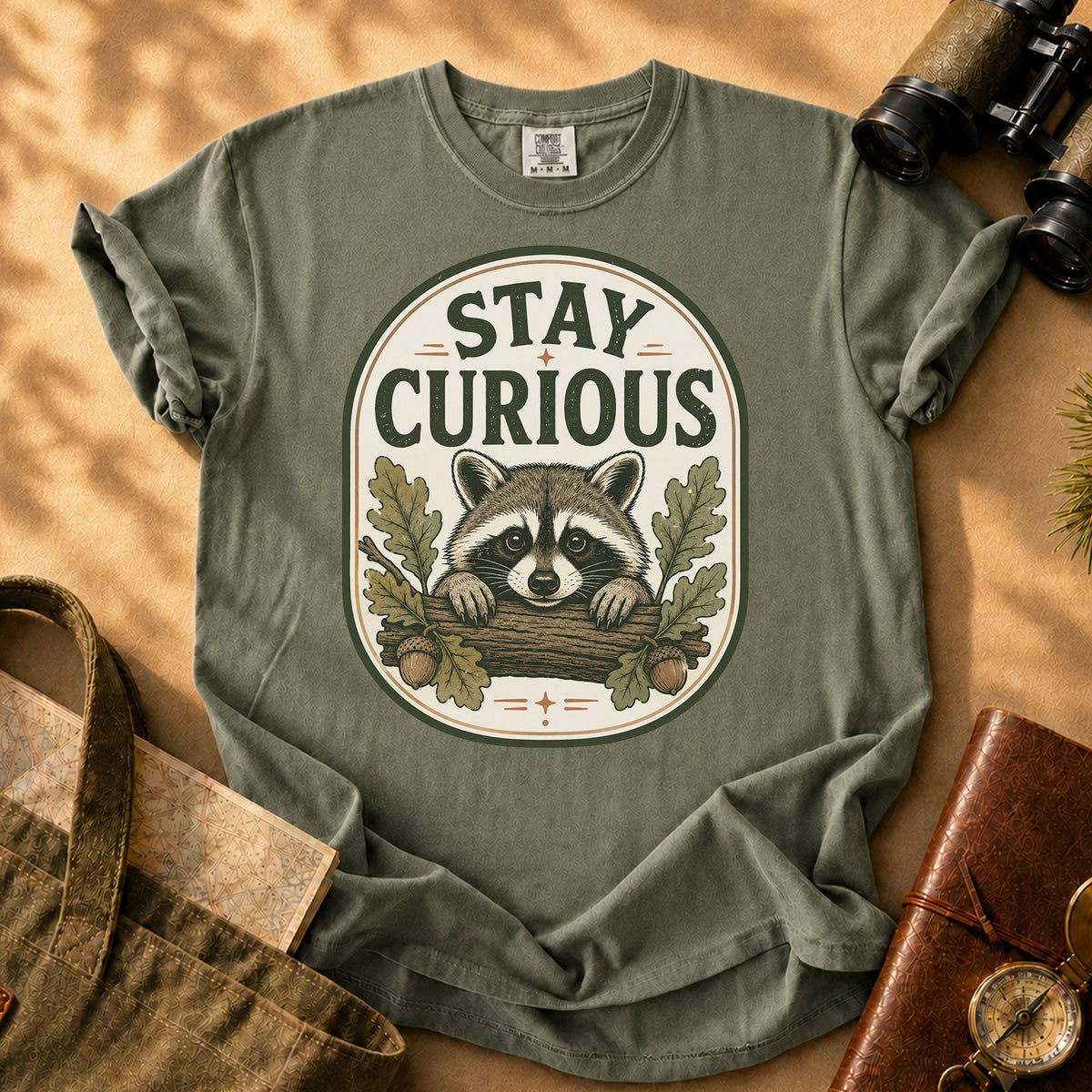 Stay Curious Raccoon Tee - Sage