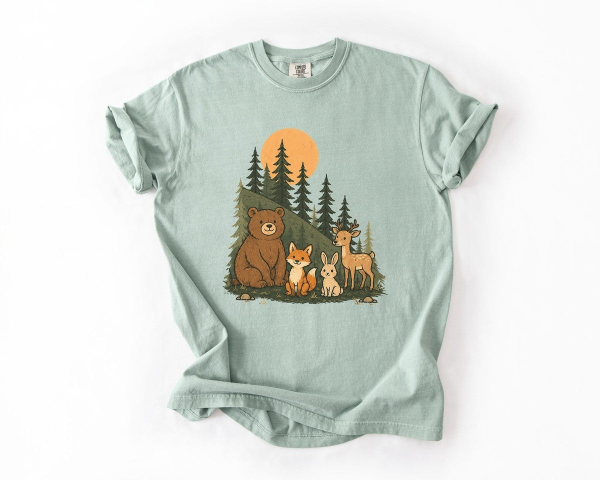 T-Shirt - Woodland Animal Family Graphic Tee (Bear, Foxes, Deer) - Bay