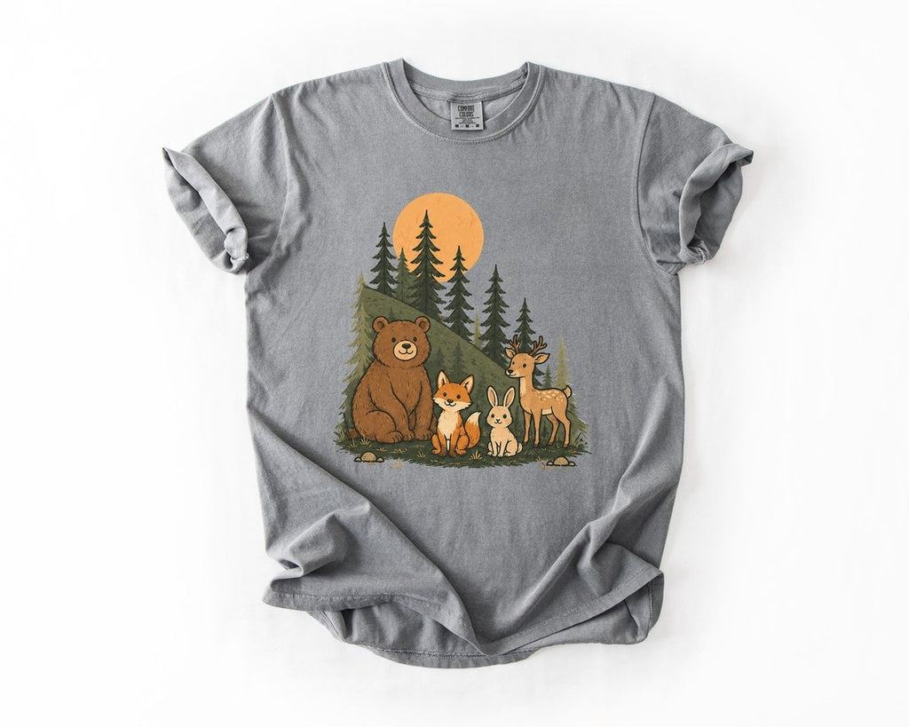 T-Shirt - Woodland Animal Family Graphic Tee (Bear, Foxes, Deer) - Grey