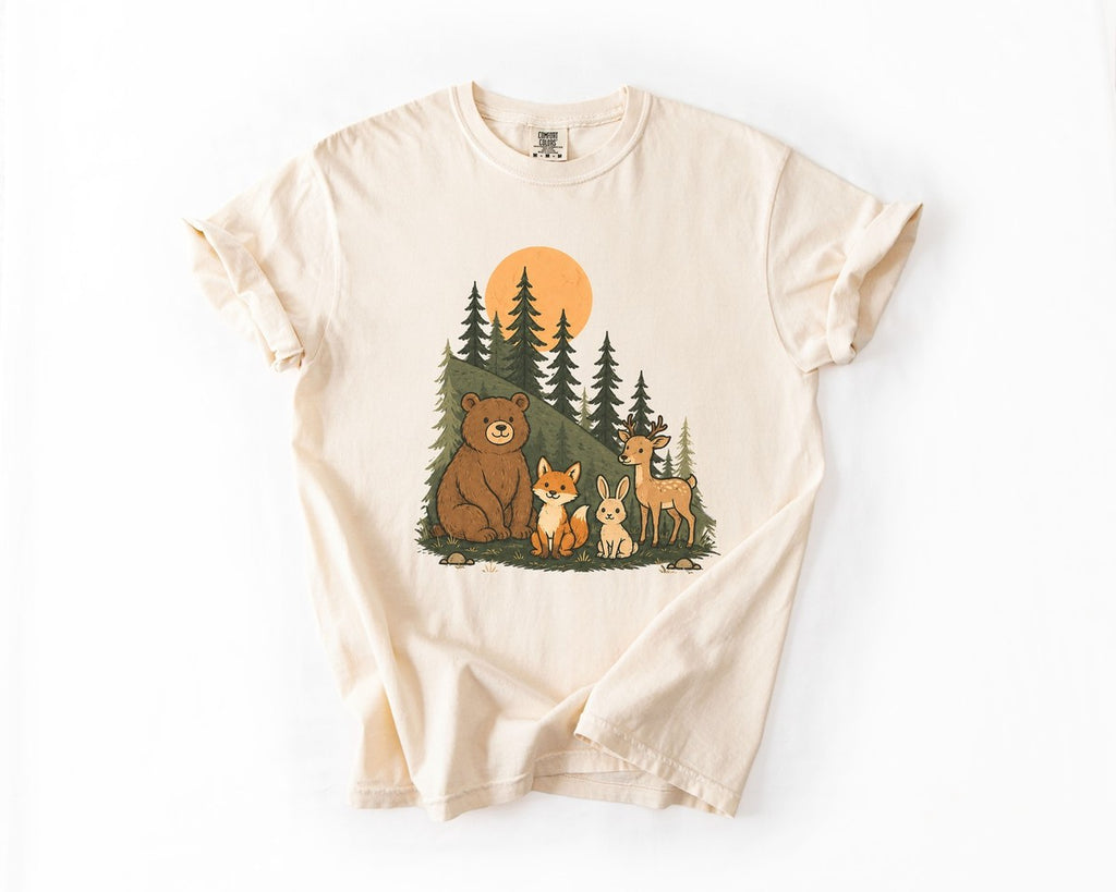 T-Shirt - Woodland Animal Family Graphic Tee (Bear, Foxes, Deer) - Ivory
