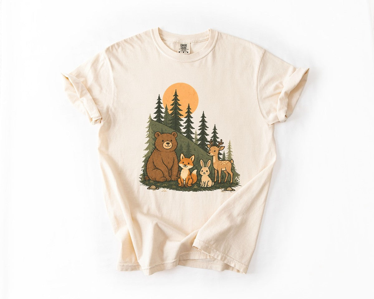T-Shirt - Woodland Animal Family Graphic Tee (Bear, Foxes, Deer) - Ivory