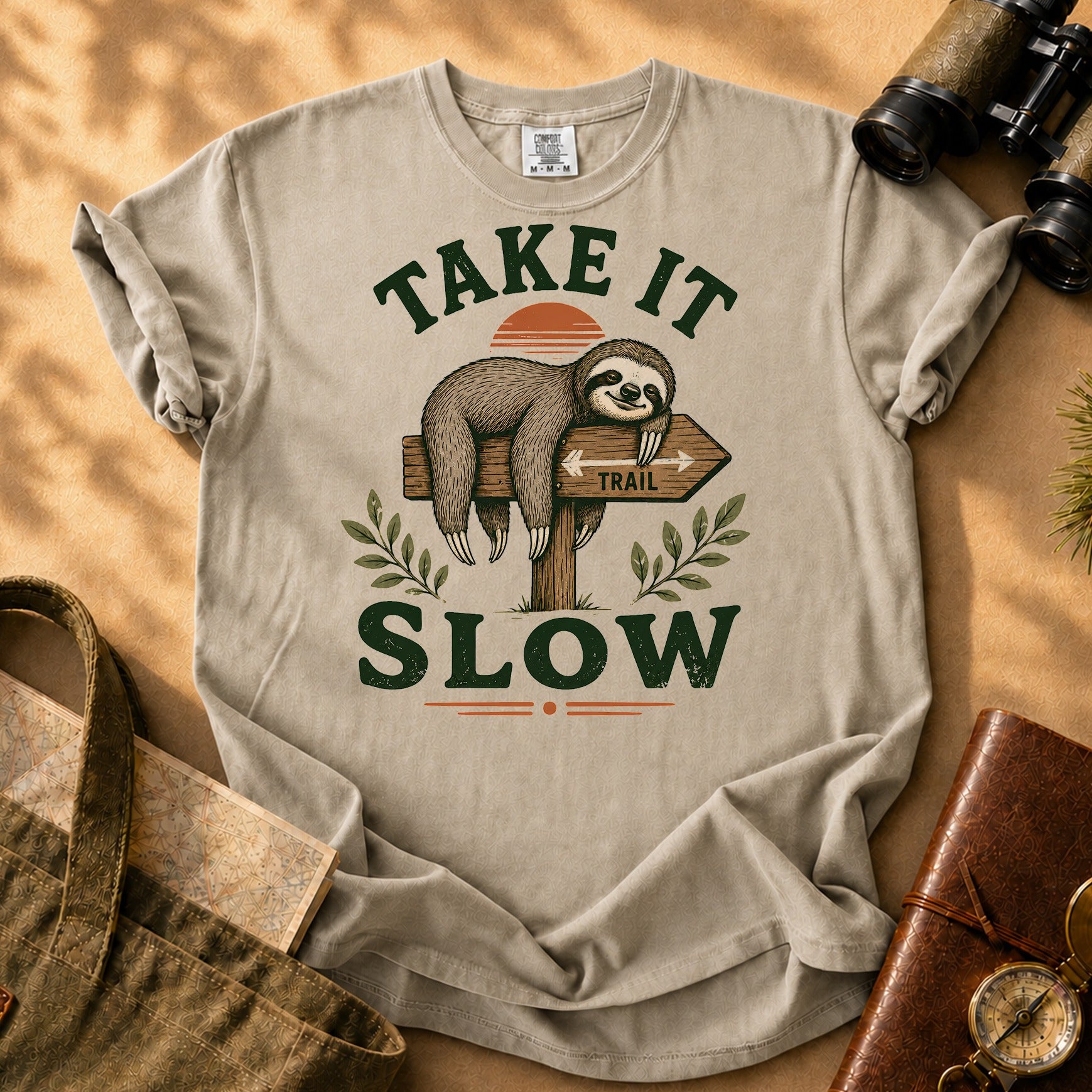 Take It Slow Sloth Tee - Khaki